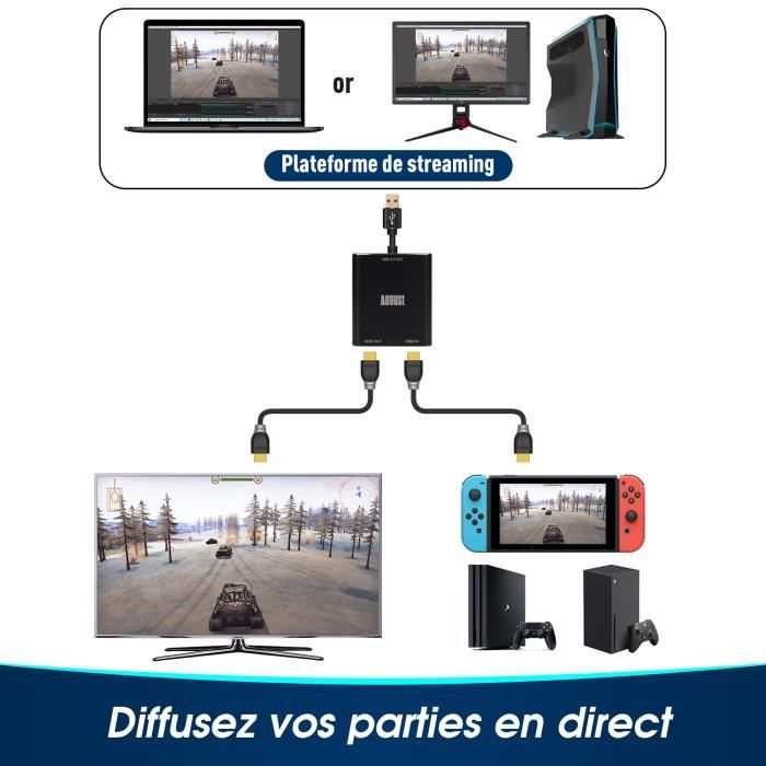 Carte Acquisition Vidéo HDMI USB Boitier Capture Streaming Gaming - August  VGB500 - Full HD 1080p 60fps - PC Mac PS5 PS4 Xbox Switch - Cdiscount  Informatique