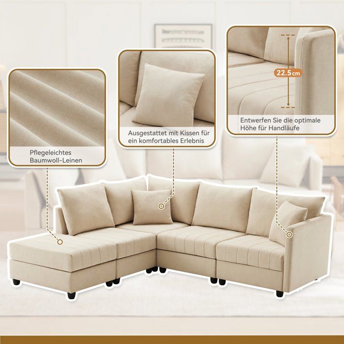 Canapé d'angle modulable 5 places 220 x 194 x 85 cm, forme L/U pouf ...