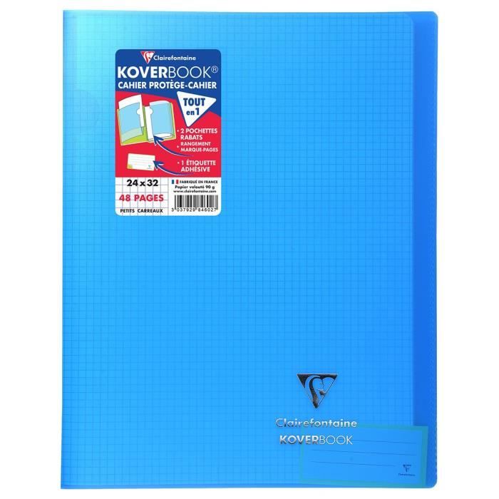CLAIREFONTAINE Koverbook Cahier piqure 48 pages avec rabats - 240 x 320 mm - 5 x 5 papier PEFC 90 g - Bleu