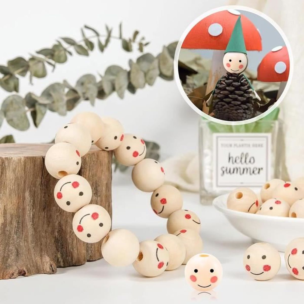 60 pcs Visage Perles Smiley,Perle Bois Visage,Perles En Bois,Perles