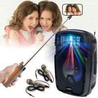 Pack Karaoké PARTY-8COMBI Enfant Enceinte Bluetooth Autonome USB SD Lumineuse - 2 Micros Filaires - Perche Selfie Téléscopique