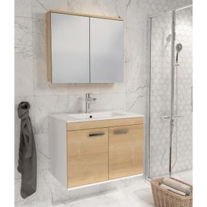 MEUBLE VASQUE - PLAN RUBITE Meuble salle de bain simple vasque 2 portes Chêne largeur 70 cm + miroir armoire