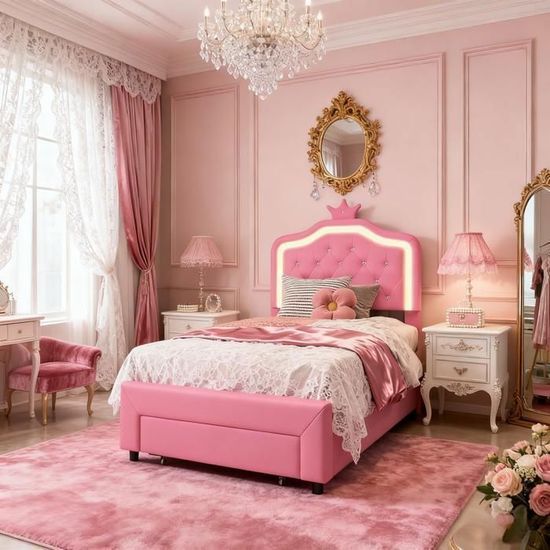 Lit Enfant 90x200 Cm Capitonné Avec Tête De Lit Réglable Et Couronne - Velours Rose & Blanc - Éclairage LED Intégré - Pour Fille, Adolescente - Structure Stable