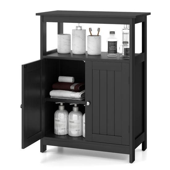 Meuble Salle De Bain Avec Portes - Rangement Étagère Ouverte Et Compartiment Fermé - Gris 30x60x80 Cm
