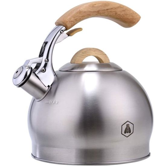 Bouilloire à Sifflet AYKHDS 3L Acier Inoxydable Avec Poignée Bois - Sifflante Pour Cuisinière Électrique, Induction Et Céramique (Marron Clair)