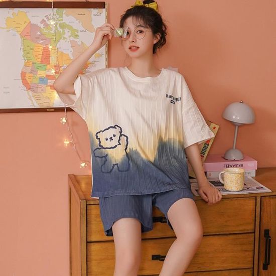 Pyjama Court Femme Uniexcosm - 95% Coton, Carreaux, Col Rond, Manches Courtes, Short Avec Poches