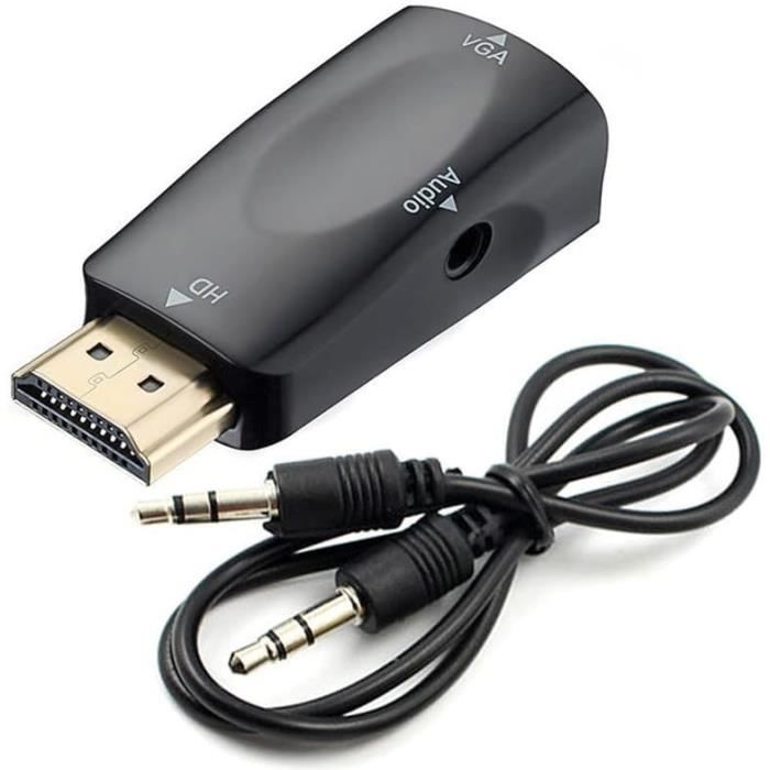 Convertisseur HDMI Vers VGA + Audio - Câble Adaptateur 1m - Noir - Résolution Jusqu'à 1600x1200