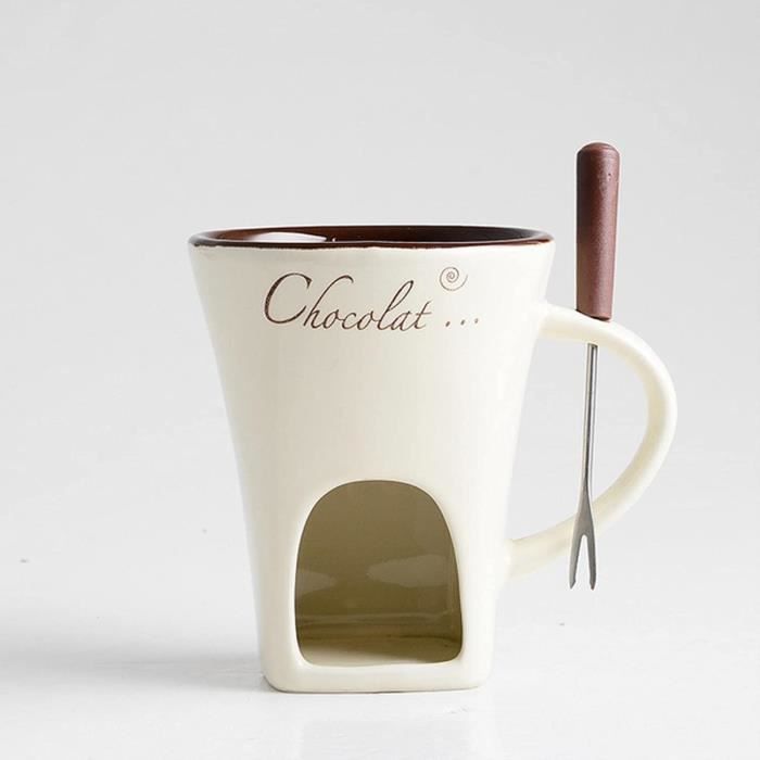 Tasse à Fondue 130ml En Céramique - Pour Chocolat, Fromage Ou Bonbons - Avec Fourchette - Blanc
