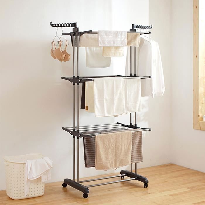 3 niveaux Étendoir à linge bipolaire gris argent 64*170cm *75-126