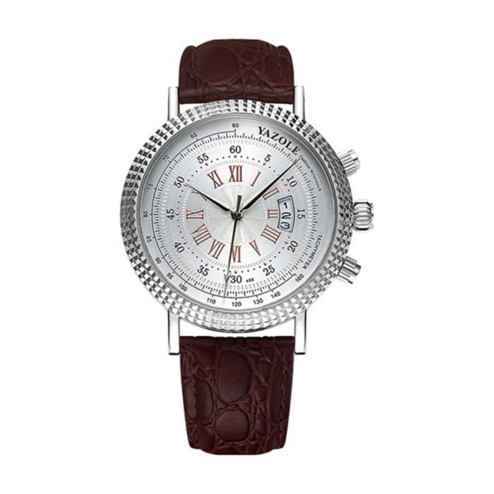 (#140) Men Fashion Business Leather Band Quartz Wrist Watch(Brown + White)