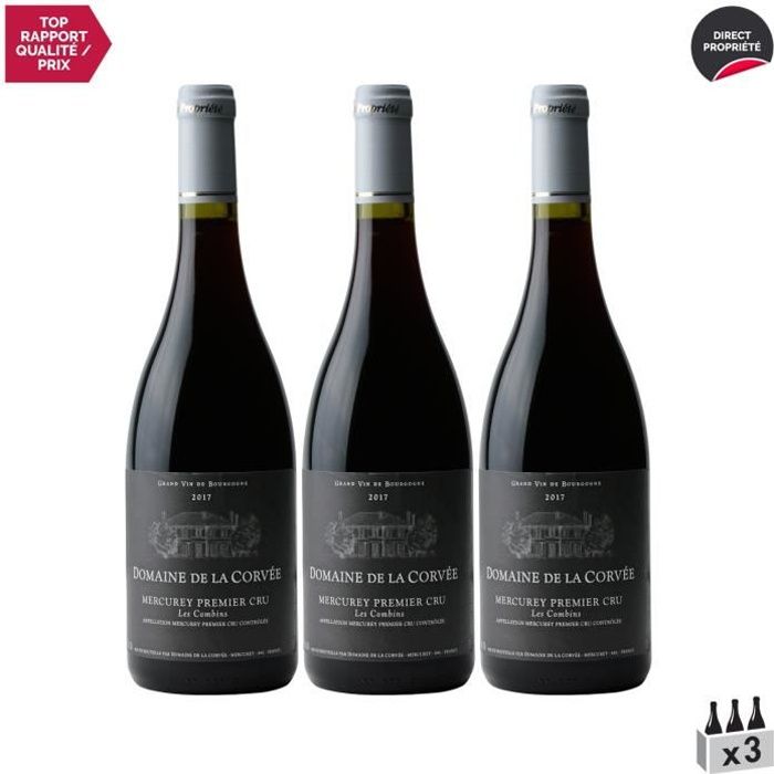 Mercurey 1er cru Les Combins Rouge 2017 - Lot de 3x75cl - Domaine de la Corvée - Vin AOC Rouge de Bourgogne - Cépage Pinot Noir
