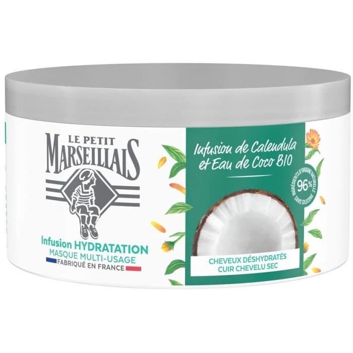 Le Petit Marseillais Masque Hydratation Intense pour Cheveux Secs et Abîmés, Infusion Calendula & Eau de Coco