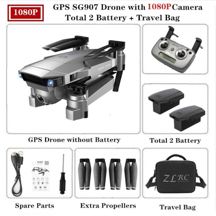 Drone,ZLRC SG907 RC GPS Drone avec 5G WiFi 90 ° réglage électrique 4K caméra suivre moi Quadrocopter - Type 1080P-Travel Bag-2B