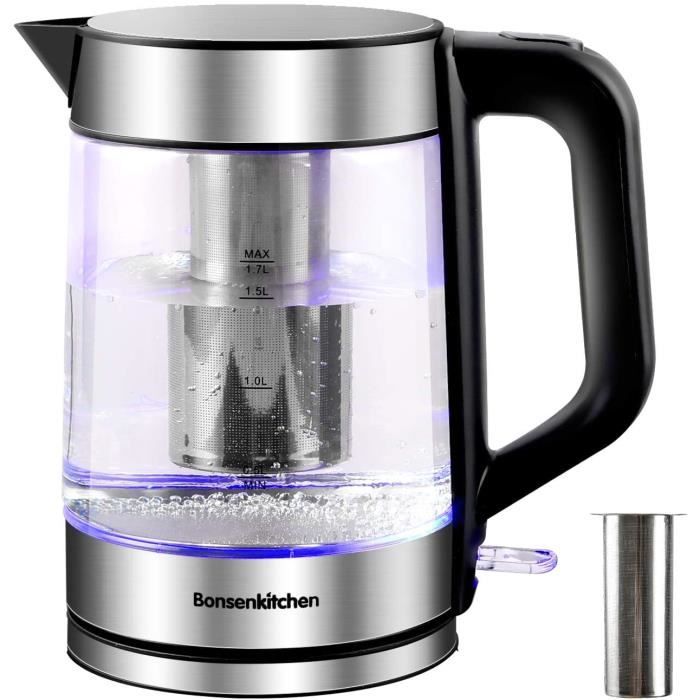Bouilloire Electrique en Verre 1,7L, Théière Electrique avec Filtre en Acier Inoxydable et Illumination LED, Base à 360 °, Arrêt Aut