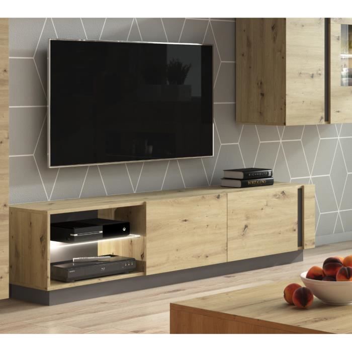 Meuble TV modern ARCO -chêne mat SANS LED - L187 cm - Chêne-Anthracite - Banc TV - Meuble de salon