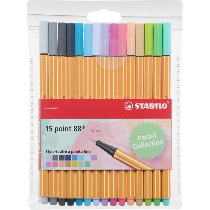 Stylo feutre pointe fine - STABILO Point 88 - Pochette 15 stylos-feutres - Couleurs pastel