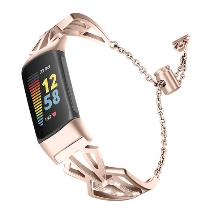 Femmes De Luxe Strass Décor Chaîne Montre Bracelet À Glissière Pour Fitbit Charge 5 - Or Rétro
