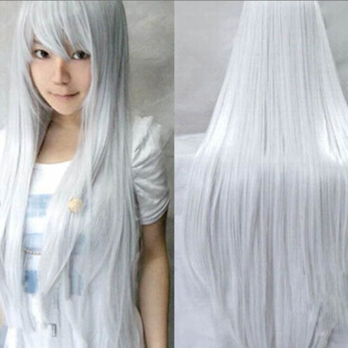 Perruque blanche argentée de cheveux synthétiques résistants à la chaleur pour femmes pour Cosplay argent et blanc