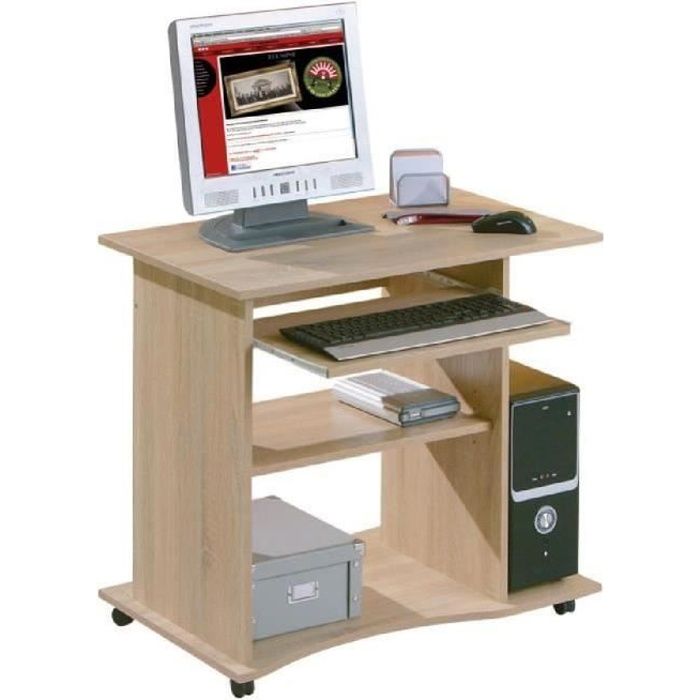 Bureau pour ordinateur Adda sur roulettes, comprend 1 tiroir coulissant et 1 tablette réglable en hauteur, aggloméré, au décor chêne