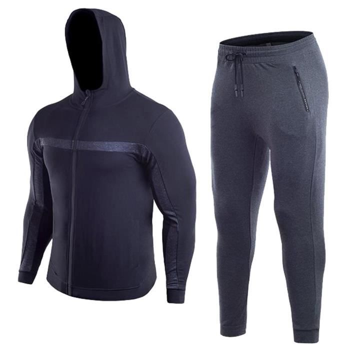 Mens Fitness manches longues culturisme Fermeture éclair serré séchage Top Pantalon Survêtement Noir