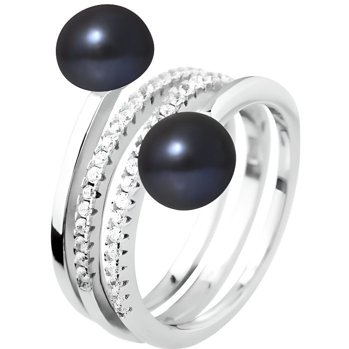 PERLINEA - Bague Toi & Moi Véritable Perle de Culture d'Eau Douce Bouton 7-8 mm Black Tahiti - Argent 925 Millièmes - Bijou Femme