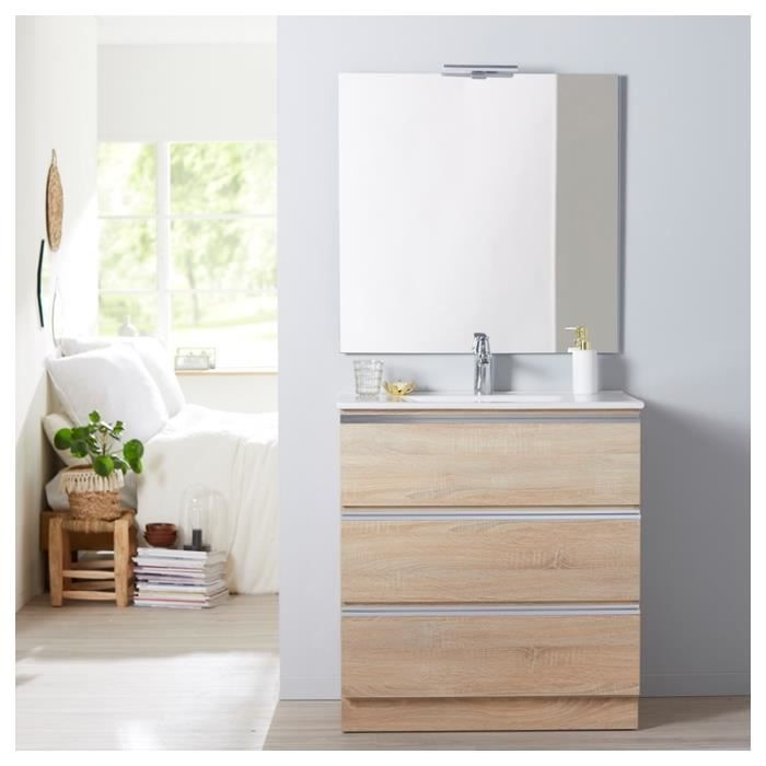 Meuble de salle de bain à poser décor chêne 80 cm + miroir + éclairage - Série Dynamic 3 tiroirs 80