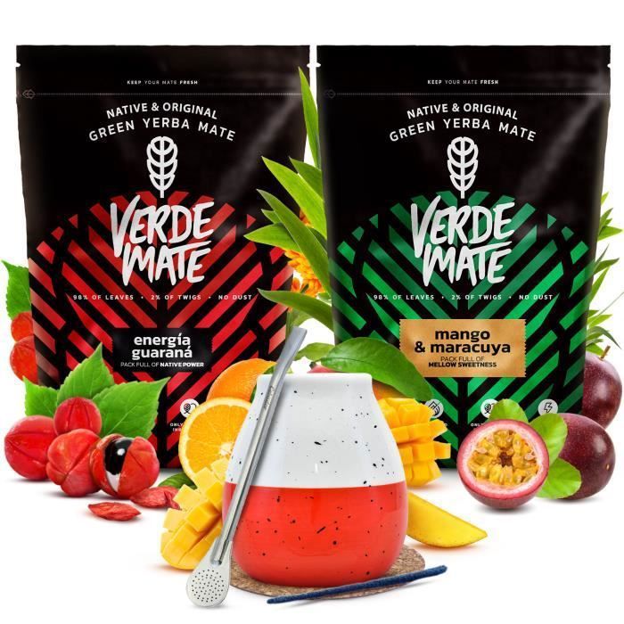 Yerba Mate 1kg Kit Fruite Verde Mate Mangue et Maracuya Energy Guarana 2 x 500g - Calebasse Mate Rouge 350 ml - Bombilla