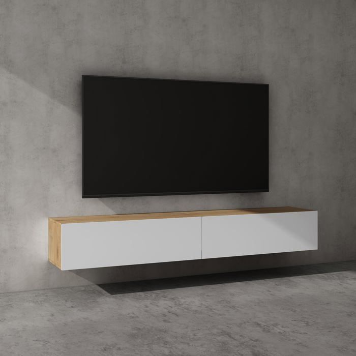 doporro Meuble TV Bas 200 cm Armoire TV Marron Clair + Blanc Mat Table de Télévision Salon avec Portes Meuble TV Suspendu MBTV02