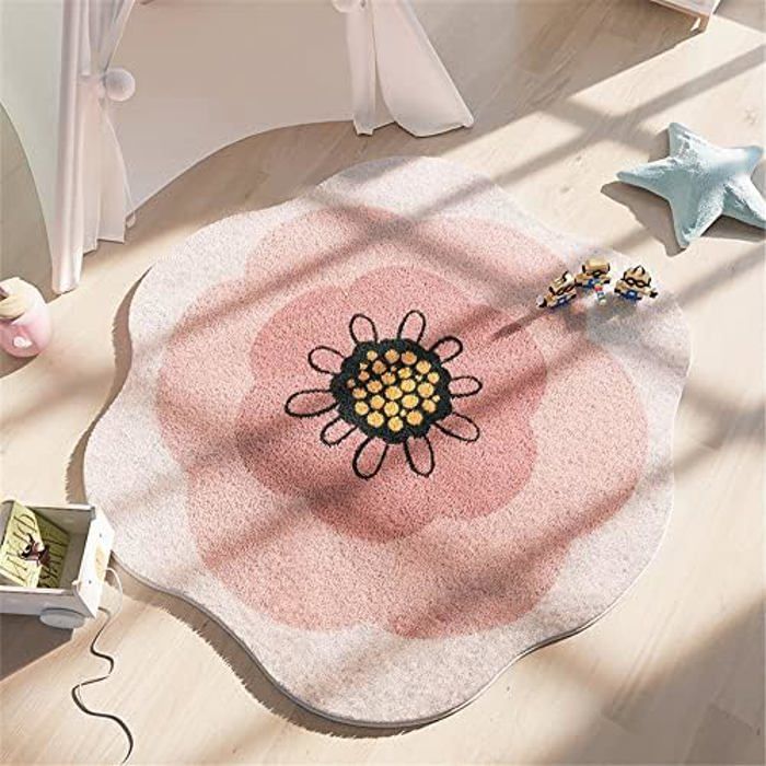Tapis Rond Chambre Enfant Fleur Mignonne Rose - Moelleux Antidérapant 120cm