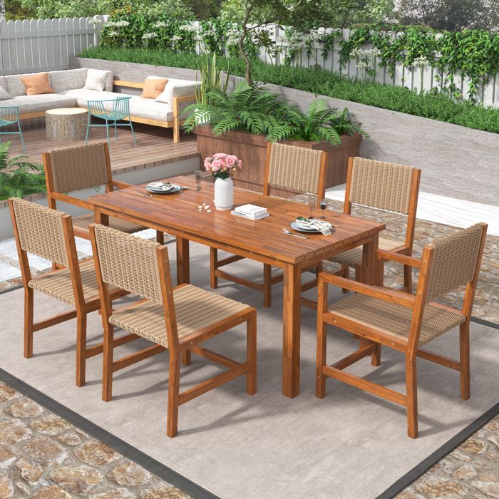 ensemble tables à manger avec 6 chaises -structure en bois d'acacia-chaises de salle à manger en rotin pe-table et chaises marron