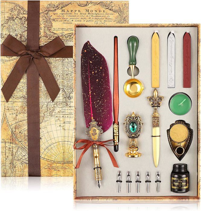 Set Stylo Plume Calligraphie Avec Encre Et Sceau De Cire - Coffret Cadeau Complet Pour Écriture & Décoration
