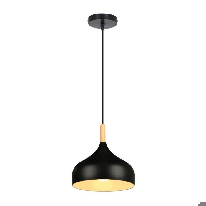 WOTTES Lustre Suspension Luminaire Moderne Style Goutte Chapeau Plafonnier Métal Bois pour Salle à Manger Ø24CM Noir 1PCS