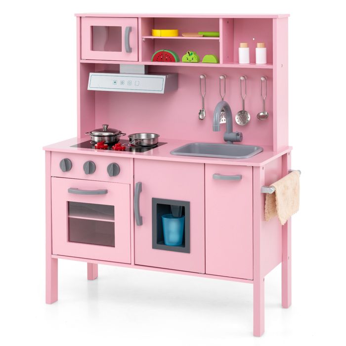 COSTWAY Cuisine Enfant En Bois Rose – Avec Micro-ondes, évier, Four, 7 Accessoires – Jeu D'imitation Dès 3 Ans