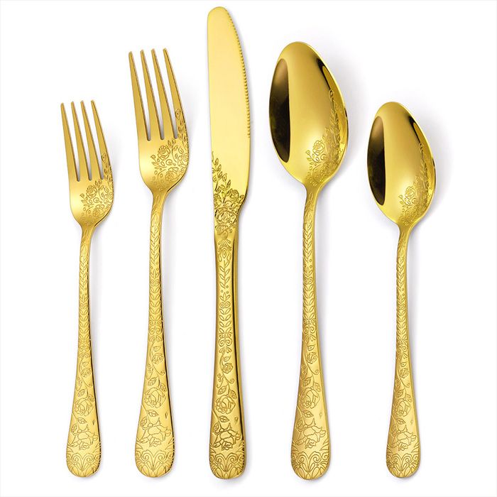 Ensemble de couverts 40 pièces - HOME SAFETY - Vintage sculpté en relief - Or - Acier inoxydable - Compatible lave-vaisselle