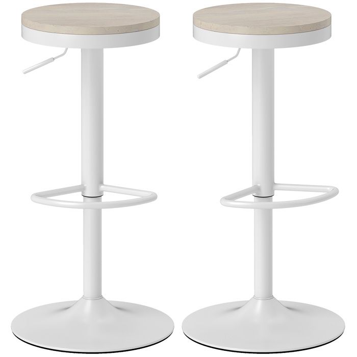 Lot de 2 tabourets de bar - HOMCOM - pivotants - assise en hévéa hauteur réglable - cadre en acier - 38 5 x 38 5 x 60-80 cm - blanc