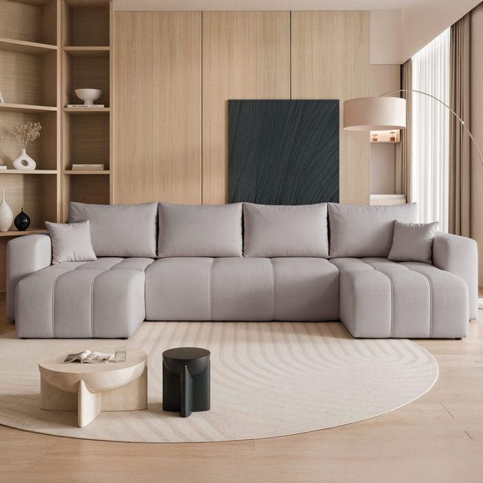Canapé Panoramique PEDRO - 7 places - Convertible avec Coffre - Tissu Velours - Gris clair
