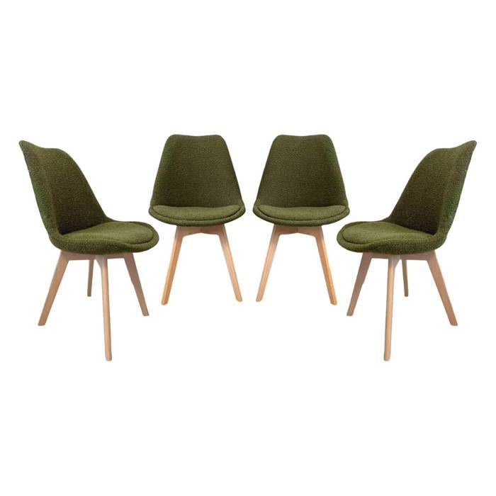 Lot de 4 chaises scandinaves revêtement bouclette texturée kaki. pieds bois de hêtre - Nils Lot de 4 chaises scandinaves revêtement bouclette texturée kaki. pieds bois de hêtre - Nils