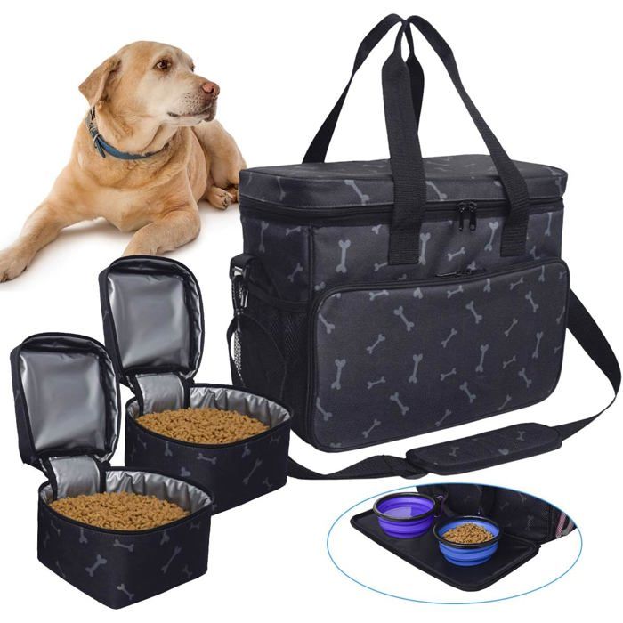 Sac de voyage pour chien - ULISEM - Compartiments - Mangeoire pliable - Abreuvoir - Noir