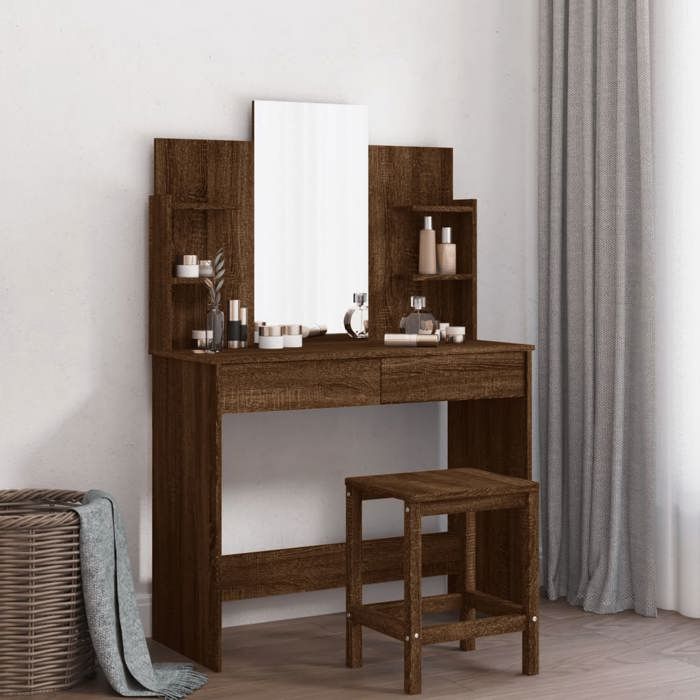 Coiffeuse - vidaXL - Miroir - Chêne Marron - 96x39x142 cm - 2 Tiroirs