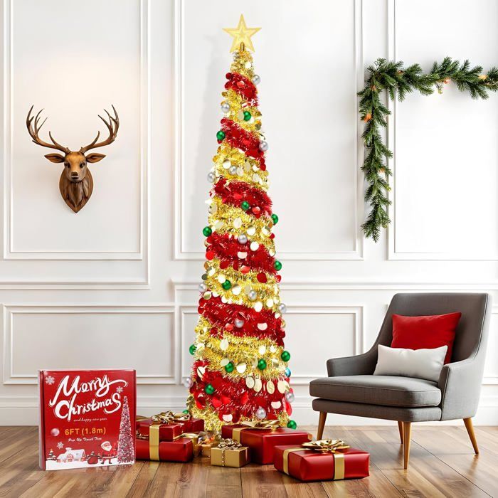Sapin Boules Rouges Elegant Sapin Noël 180cm pliable boules étoiles support rouge doré, décoration ...