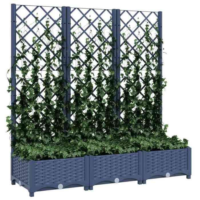 Printemps 2026 SoldesGris Lit de jardin mobile/ BAC A FLEUR Jardinière avec treillis bleu gris 120x40x1215 cm PP 2_312107