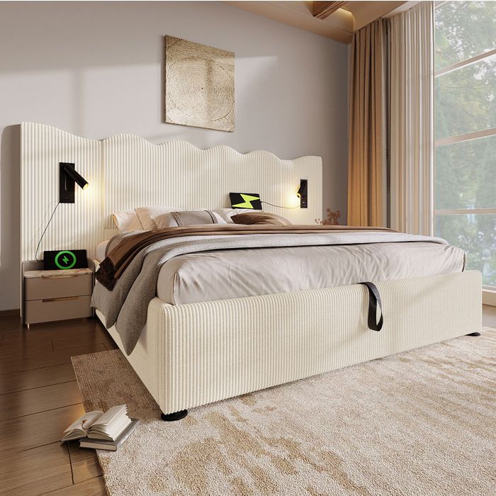 Maisentiel Lit coffre double 180 x 200 cm beige et blanc tissu côtelé lampes orientables USB-C