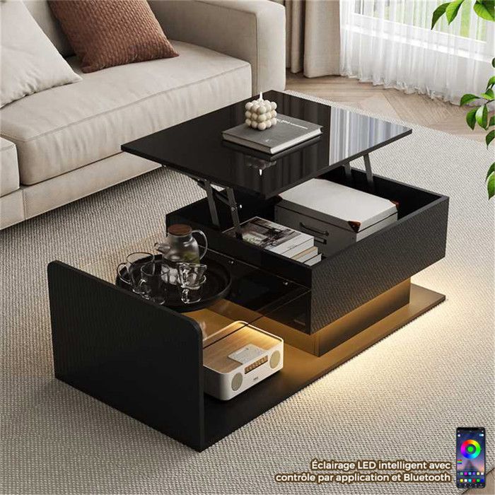 Table Basse Relevable Noir Brillant avec LED Contrôle par Appli et Plateau en Verre Table Basse Coffre avec Compartiment Ouverte