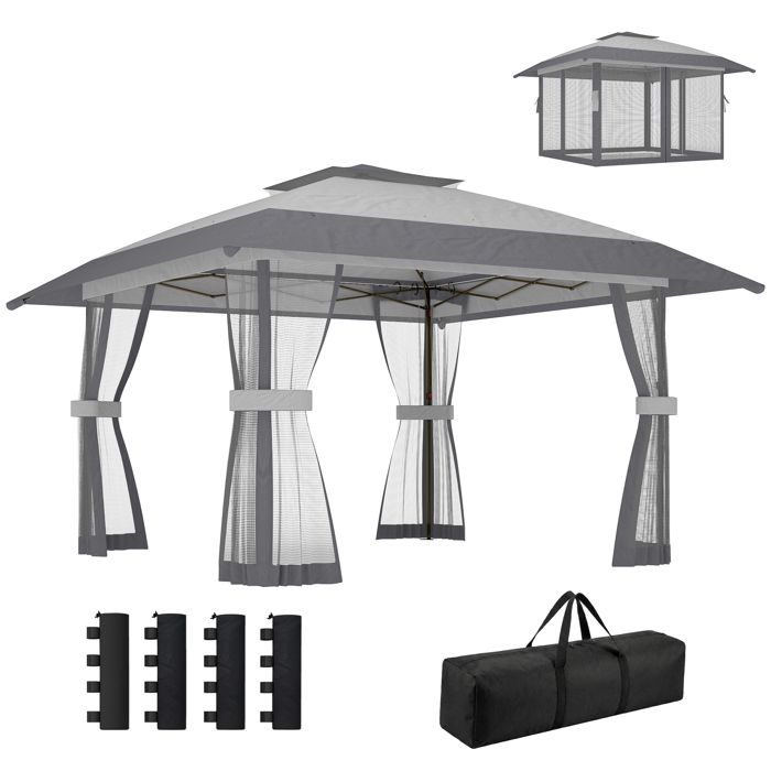 Tonnelle pliante - Outsunny - réglable en hauteur - protection UV30+ - montage facile - tissu polyester et métal - 4 x 4 m - gris