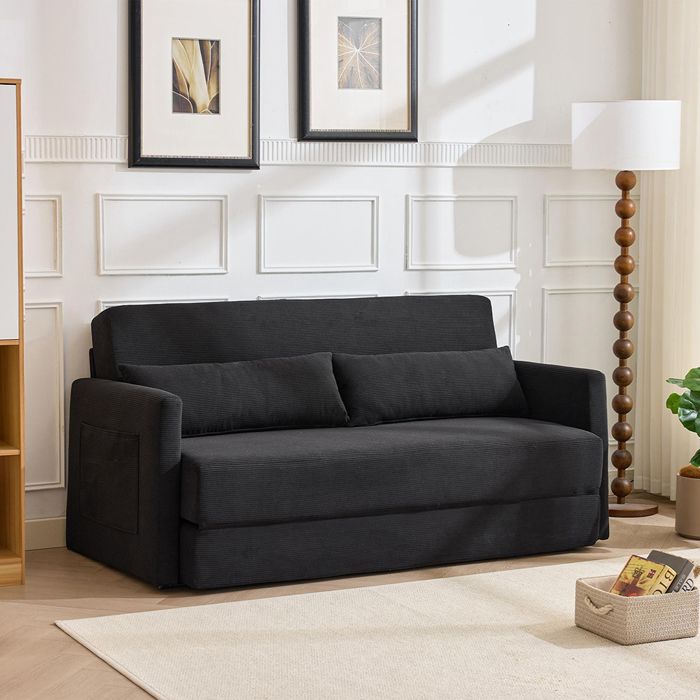 Canapé-lit au sol 2 places convertible 165x92x82 cm noir velours côtelé 2 coussins 2 pochettes