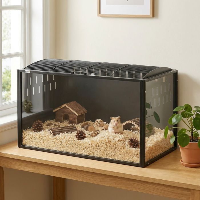 Cage à Hamster Géante Habitat pour Rongeur en Acier et Acrylique Transparent Vue Panoramique 105 x 51 x 53 cm Noir