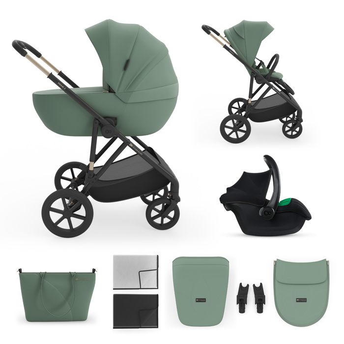 Poussette Kinderkraft PRIME 3 3 en 1 citadine nacelle hamac pluie moustiquaire roues tout chemin vert