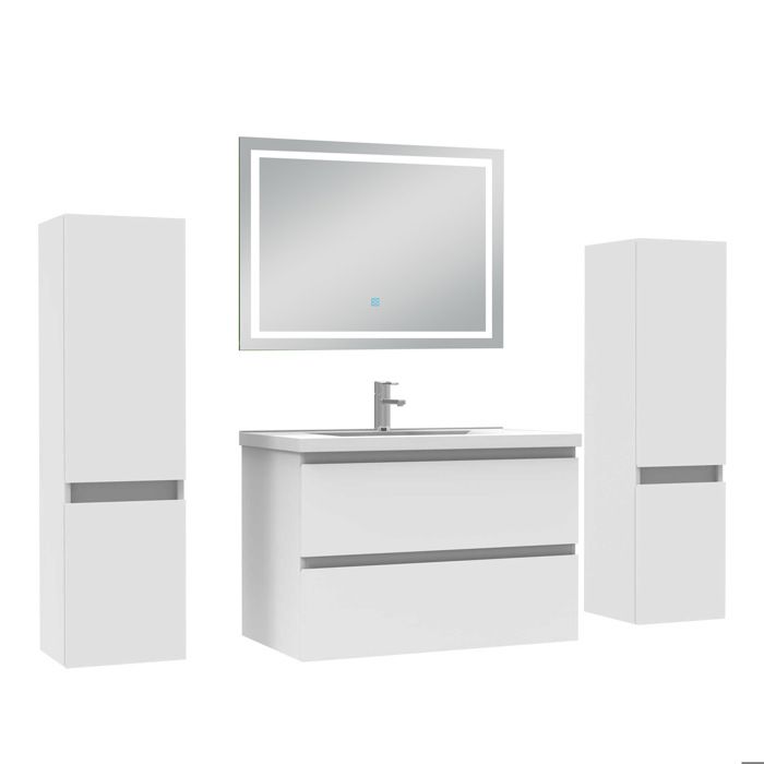 AICA Meuble de salle de bain 79 cm blanc mat avec Lavabo 2 colonnes miroir LED 6000K dimmable AICA Meuble de salle de bain 79 cm blanc mat avec Lavabo 2 colonnes miroir LED 6000K dimmable