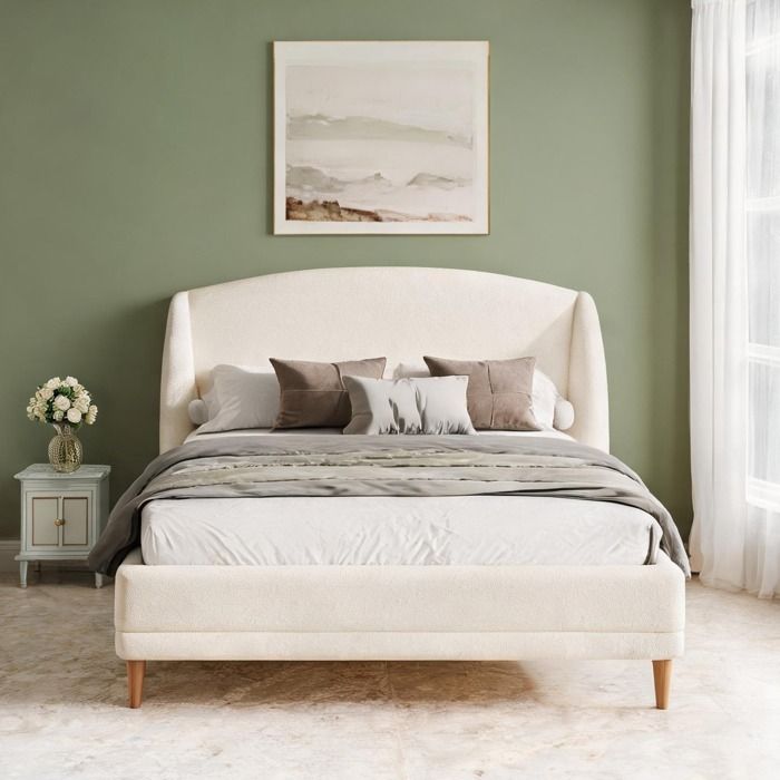 Tête de lit oreilles incurvée en tissu bouclé blanc ivoire – Lit 140x190 cm avec sommier lattes monobloc et pieds hévéa