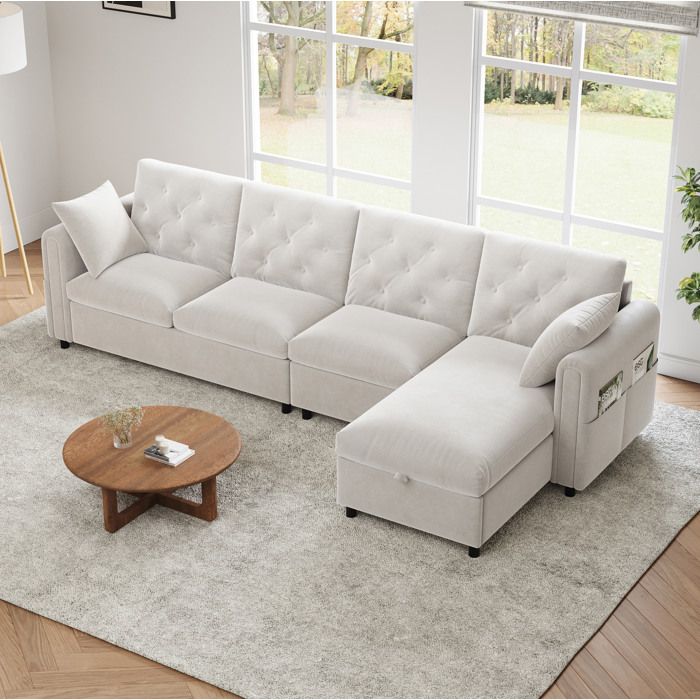 Canapé dangle convertible L 281 x 132 x 86 cm 4 places avec coffre de rangement scandinave velours beige